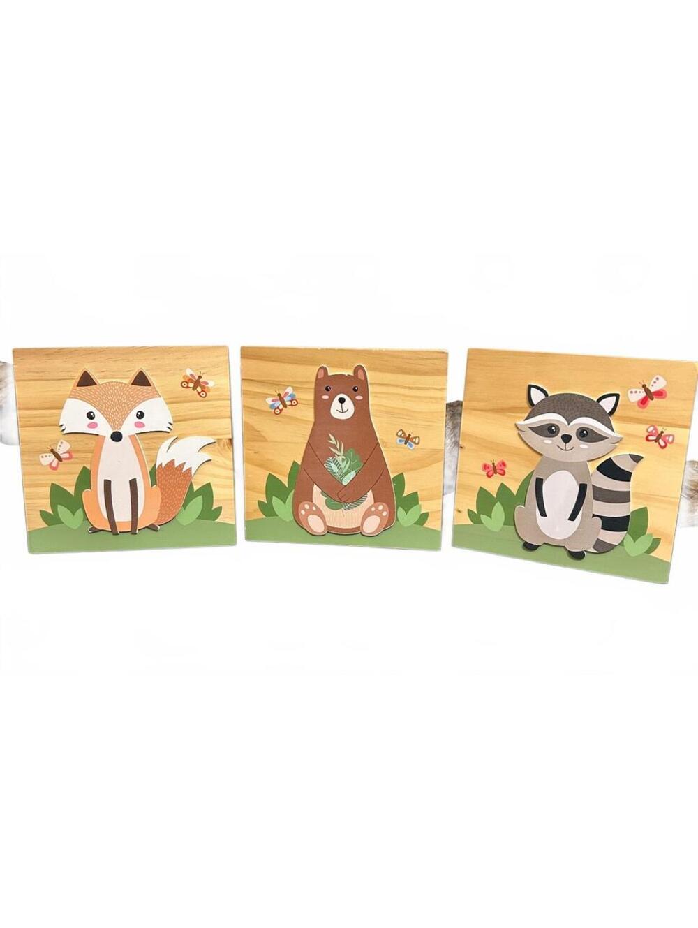 Woodland Nursery Wall Art Set 3 Fox Bear Raccoon Wood Plaques 8x8 Baby Decor
